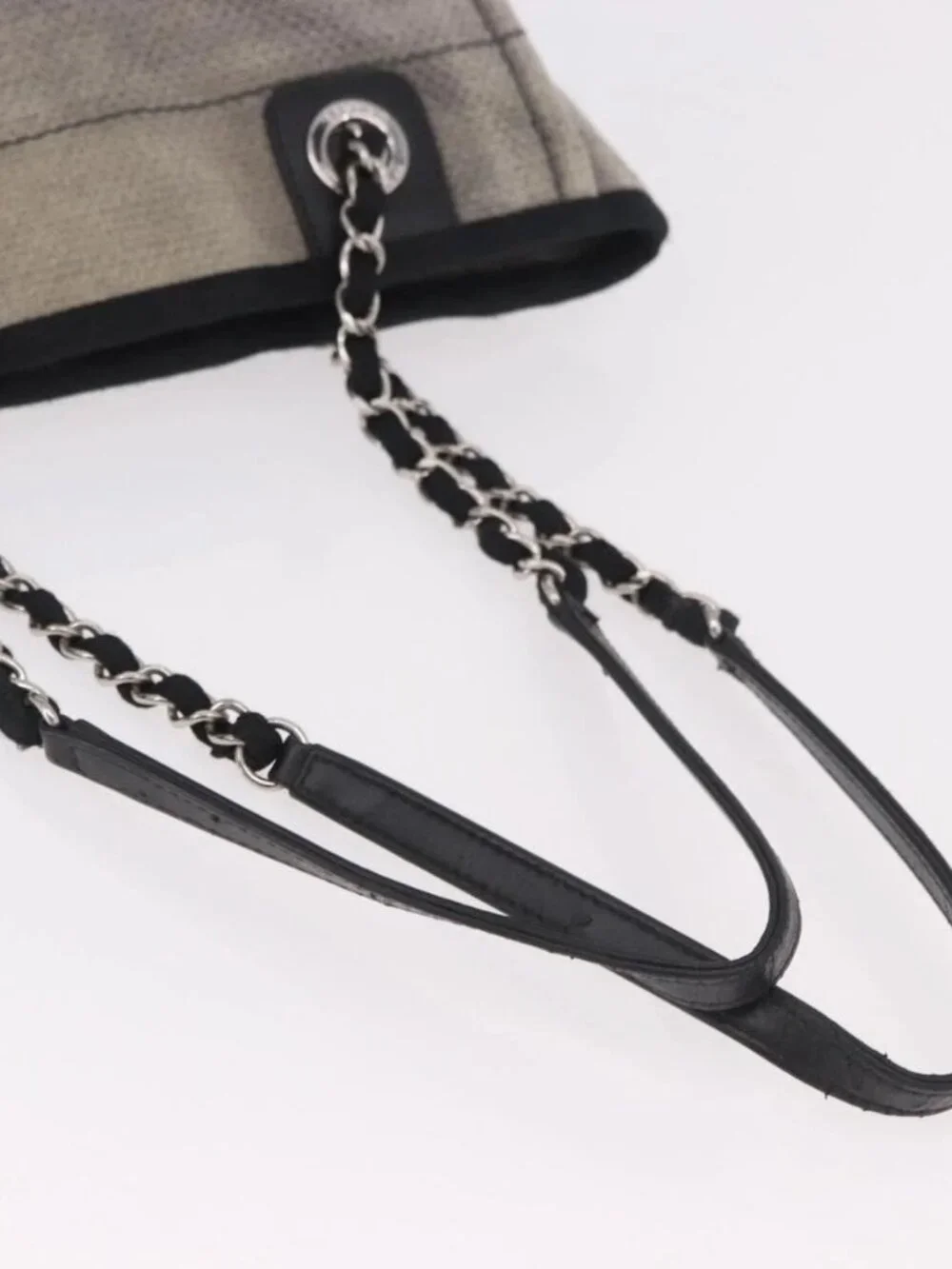 CHANEL Deauville Line Chain Tote Bag Canvas Gray Silver CC Auth bs35696
